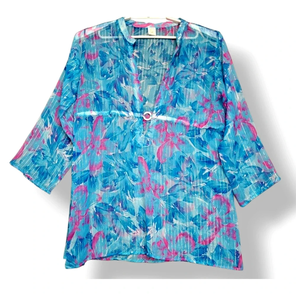 Creations Tropical Swim Cover Up Womens One Size Blue Pink Coastal Beach Vac - Picture 2 of 14